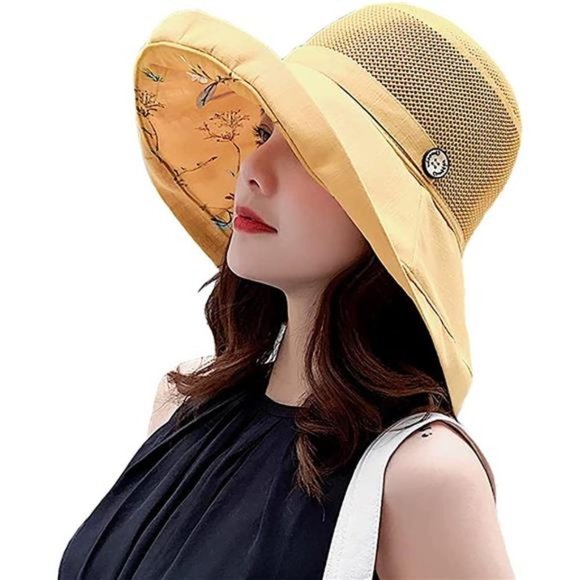 WOMEN'S Mesh Sun Hats Summer UV Protection Yellow - Picture 1 of 6